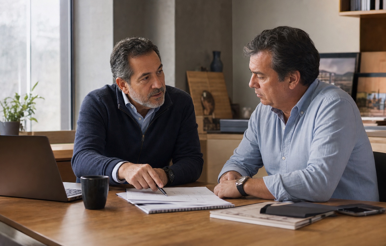 Un consultor senior conduce personalmente una conversación de trabajo con el responsable de una empresa