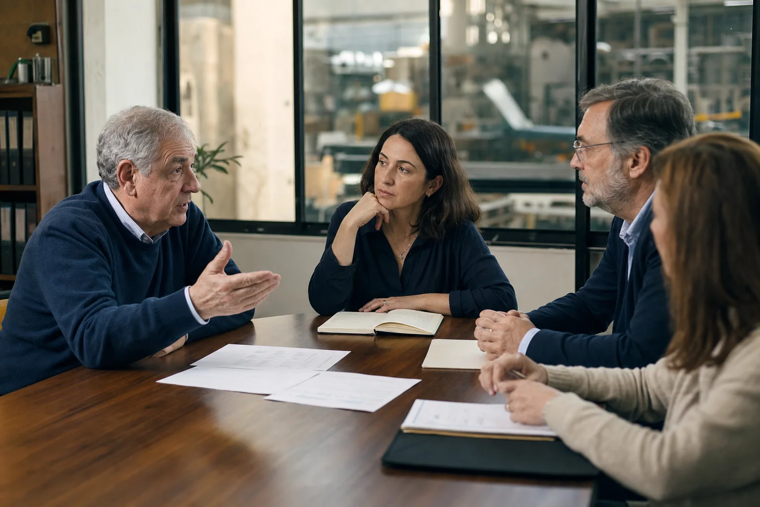 Dos generaciones de una familia empresaria conversan con un asesor independiente