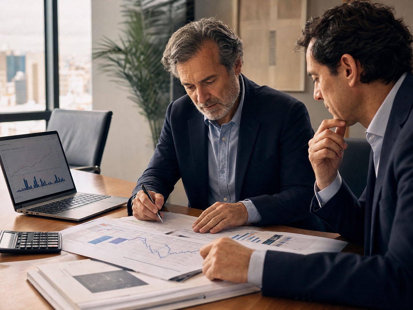 Un asesor financiero y un ejecutivo evalúan una valorización y sus escenarios
