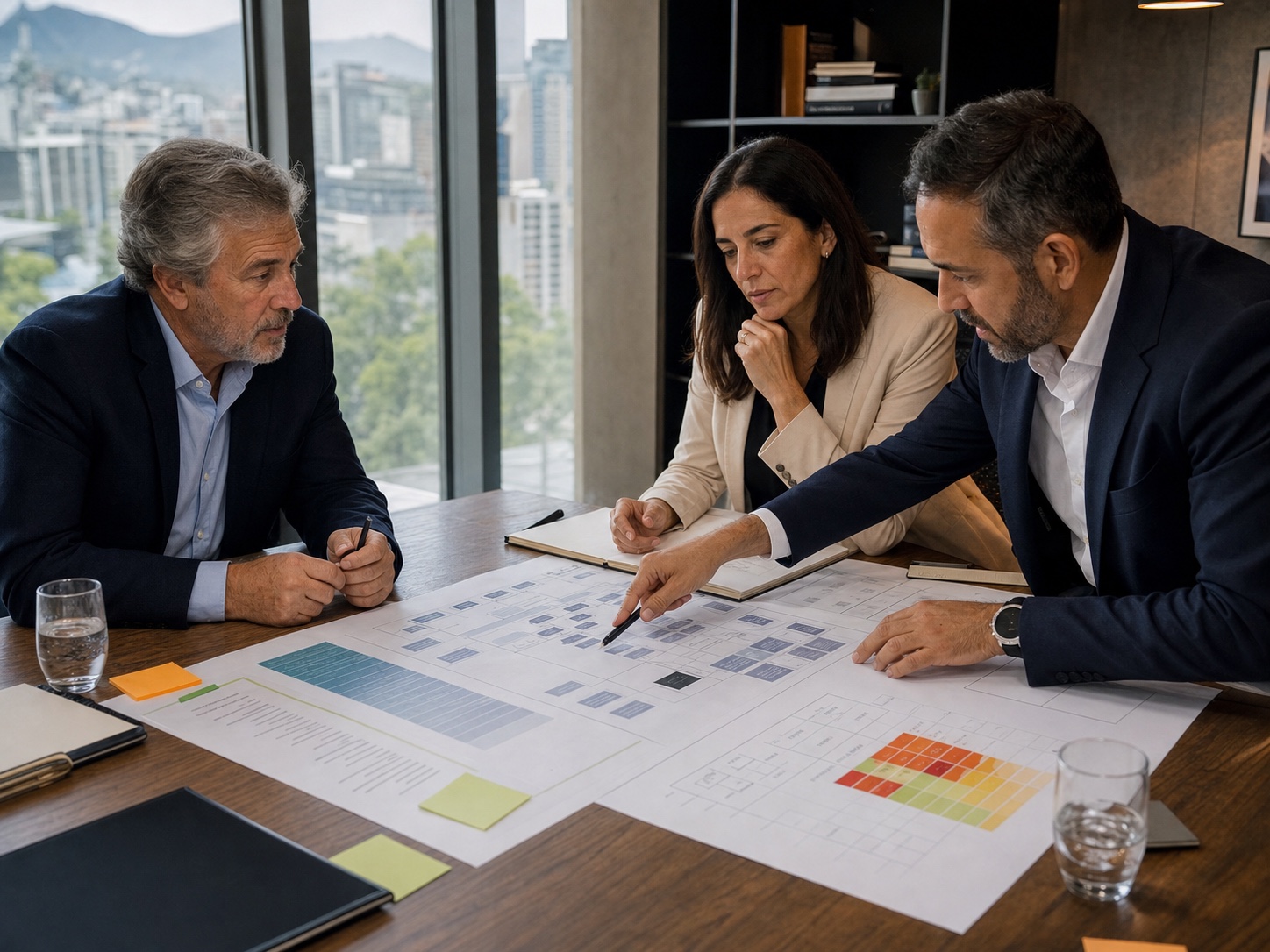 Ejecutivos y un asesor revisan un modelo de gobierno, responsabilidades y riesgos