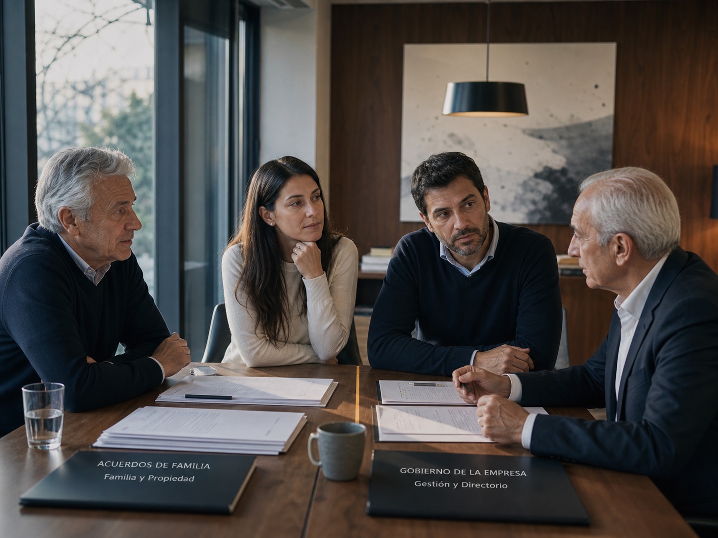 Una familia empresaria conversa con un asesor sobre acuerdos y gobierno del negocio