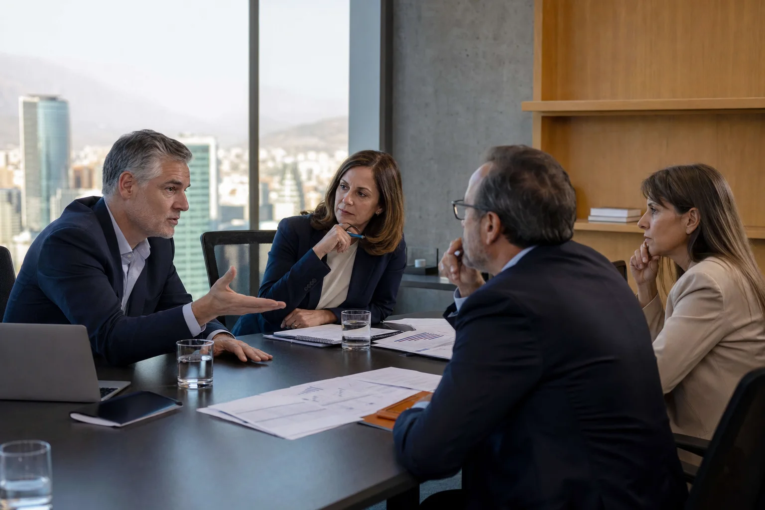 Consultores senior y ejecutivos trabajan juntos en un plan de implementación